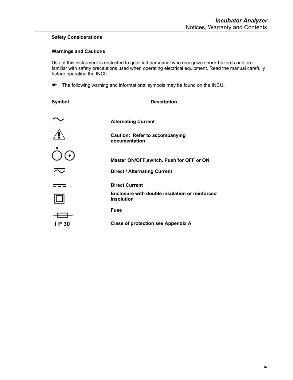 Safety considerations, Warnings and cautions | Fluke Biomedical INCU Incubator Analyzer User Manual | Page 3 / 72