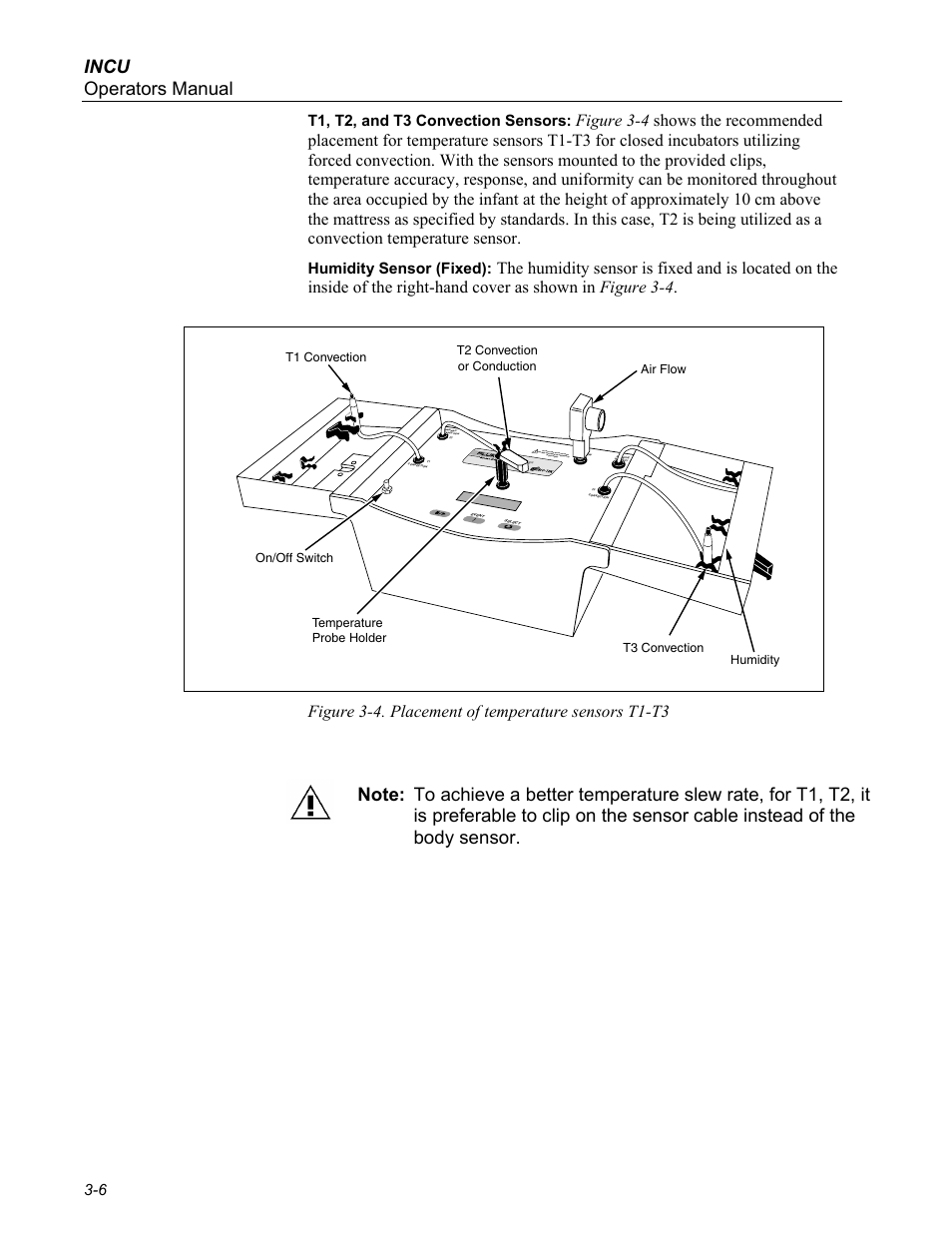 Incu operators manual, Figure 3-4. placement of temperature sensors t1-t3, T1, t2, and t3 convection sensors | Humidity sensor (fixed) | Fluke Biomedical INCU Incubator Analyzer User Manual | Page 32 / 72
