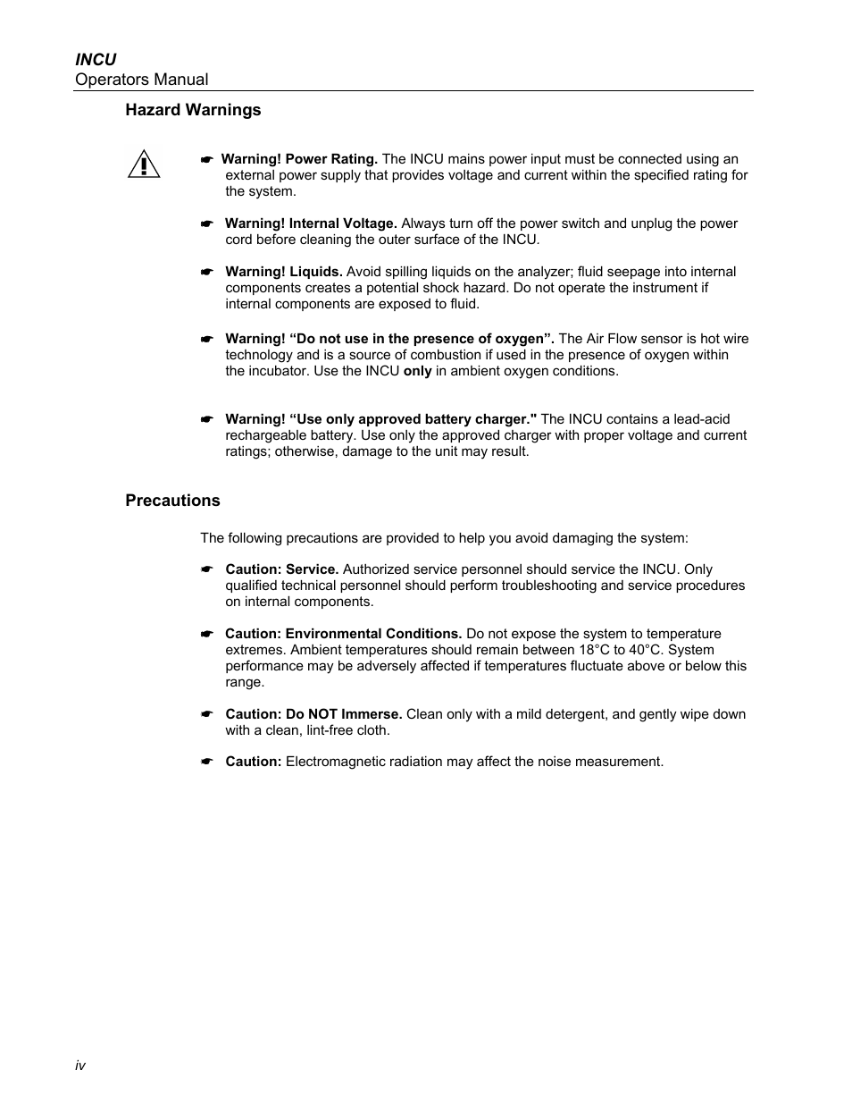 Hazard warnings, Precautions | Fluke Biomedical INCU Incubator Analyzer User Manual | Page 4 / 72