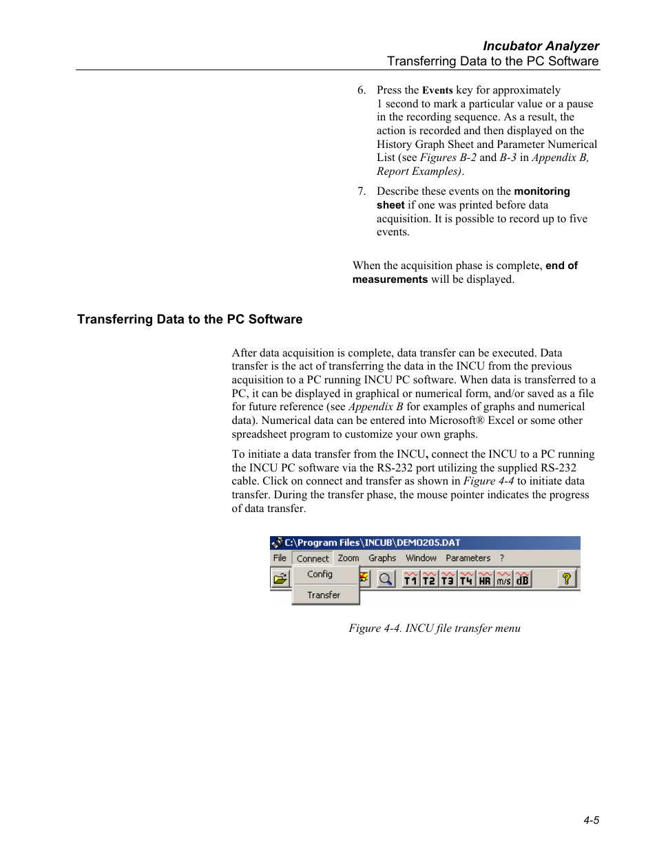 Transferring data to the pc software | Fluke Biomedical INCU Incubator Analyzer User Manual | Page 43 / 72