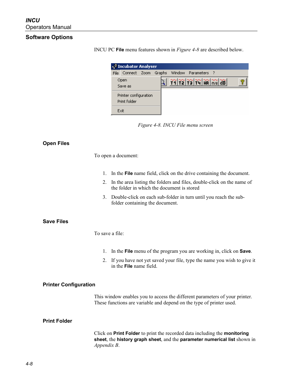 Software options, Open files, Save files | Printer configuration, Print folder | Fluke Biomedical INCU Incubator Analyzer User Manual | Page 46 / 72