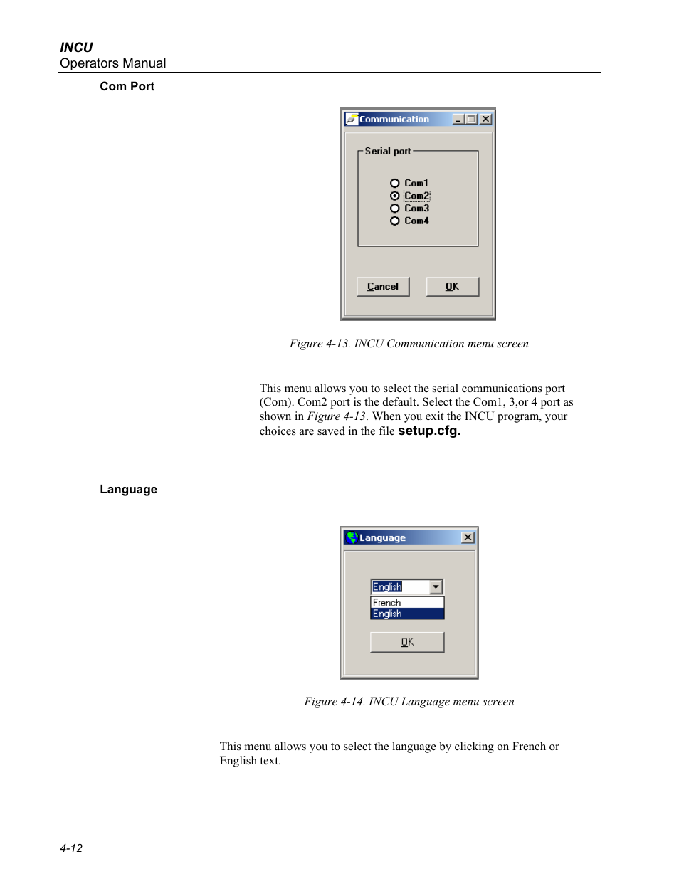 Com port, Language | Fluke Biomedical INCU Incubator Analyzer User Manual | Page 50 / 72