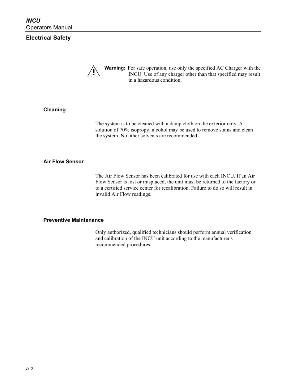 Electrical safety, Cleaning, Air flow sensor | Preventive maintenance | Fluke Biomedical INCU Incubator Analyzer User Manual | Page 54 / 72