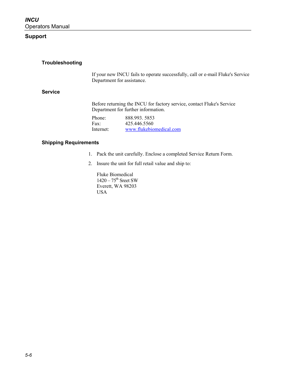 Support, Troubleshooting, Service | Shipping requirements | Fluke Biomedical INCU Incubator Analyzer User Manual | Page 58 / 72