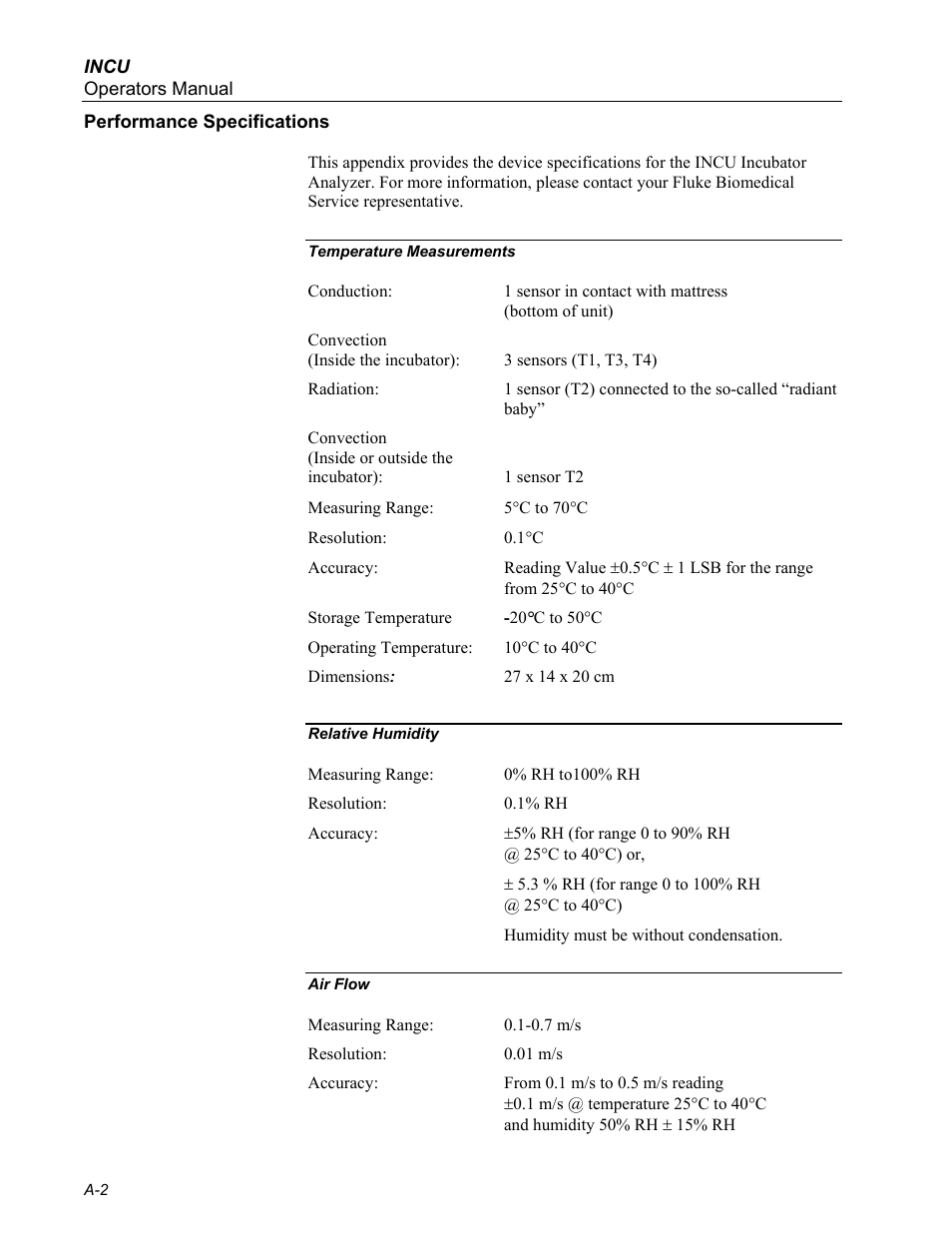 Performance specifications | Fluke Biomedical INCU Incubator Analyzer User Manual | Page 60 / 72