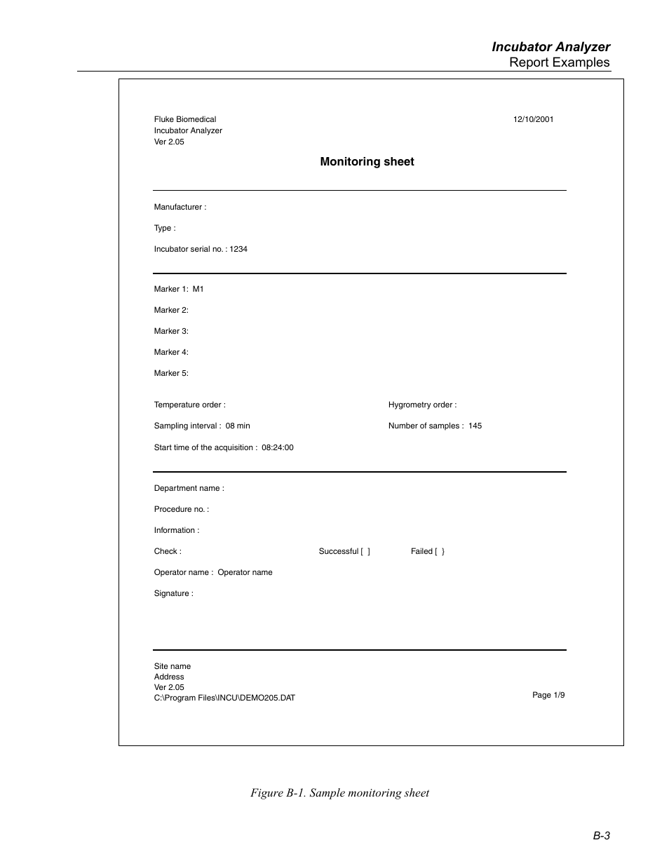 Incubator analyzer report examples, Figure b-1. sample monitoring sheet | Fluke Biomedical INCU Incubator Analyzer User Manual | Page 65 / 72