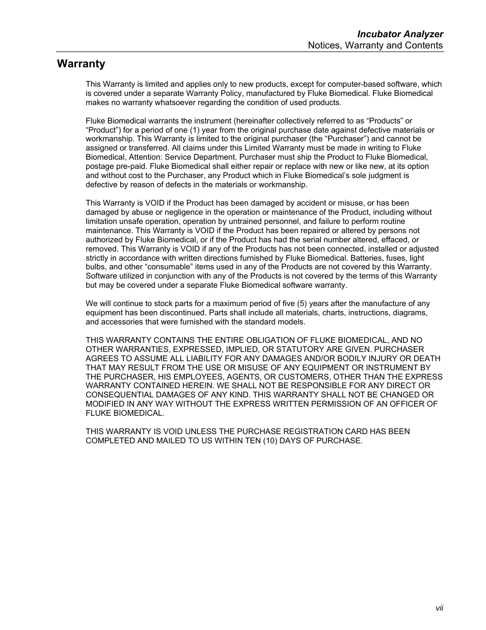 Warranty | Fluke Biomedical INCU Incubator Analyzer User Manual | Page 7 / 72