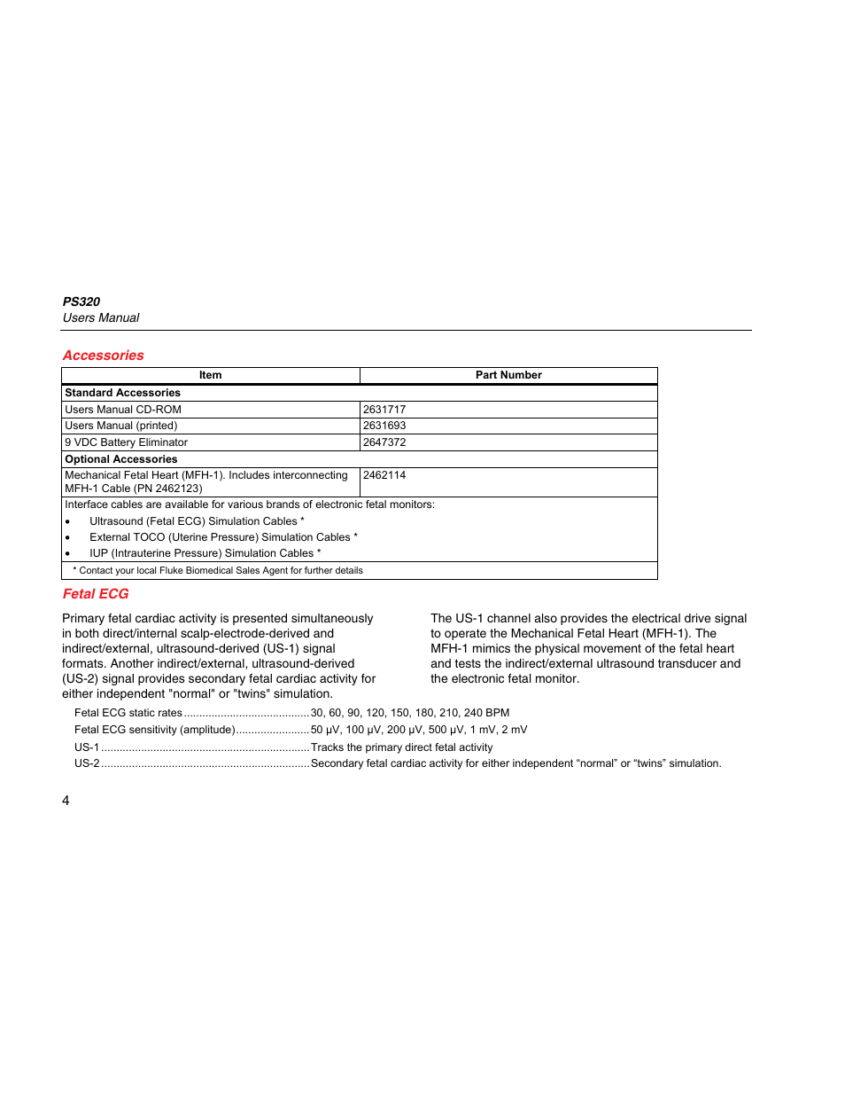 Accessories, Fetal ecg | Fluke Biomedical PS320 User Manual | Page 12 / 28