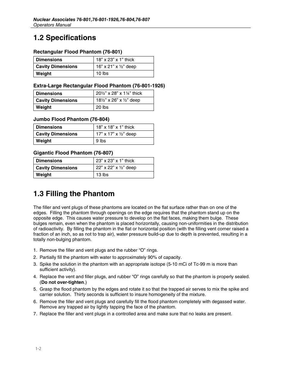 2 specifications, 3 filling the phantom | Fluke Biomedical 76-801 User Manual | Page 6 / 8