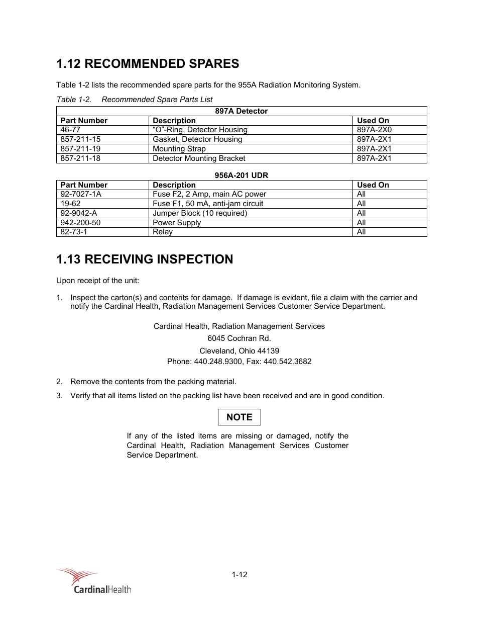 12 recommended spares, 13 receiving inspection | Fluke Biomedical 956A-201-M2 User Manual | Page 16 / 112
