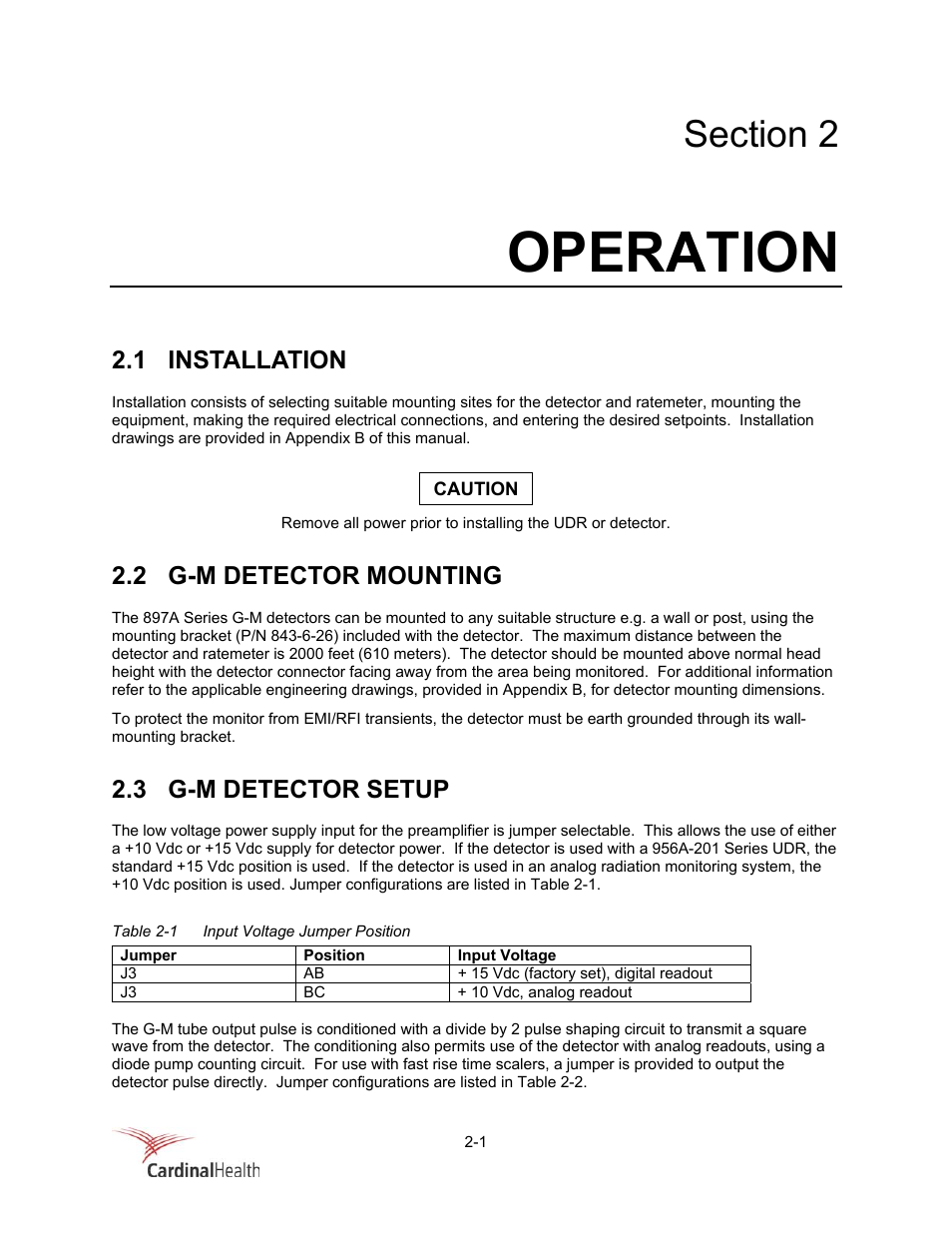 Operation, 1 installation, 2 g-m detector mounting | 3 g-m detector setup | Fluke Biomedical 956A-201-M2 User Manual | Page 19 / 112