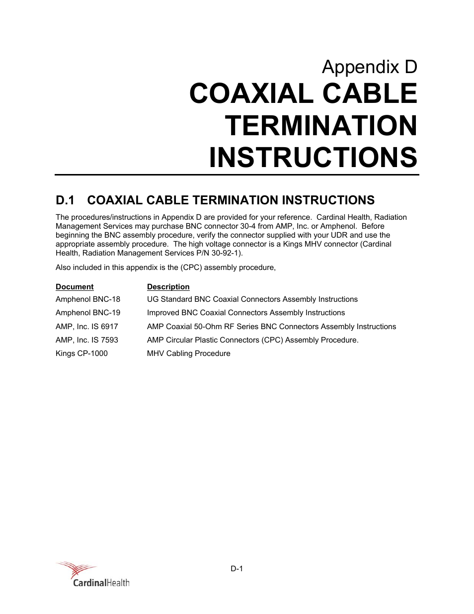 Coaxial cable termination instructions, Appendix d | Fluke Biomedical 956A-201-M2 User Manual | Page 97 / 112