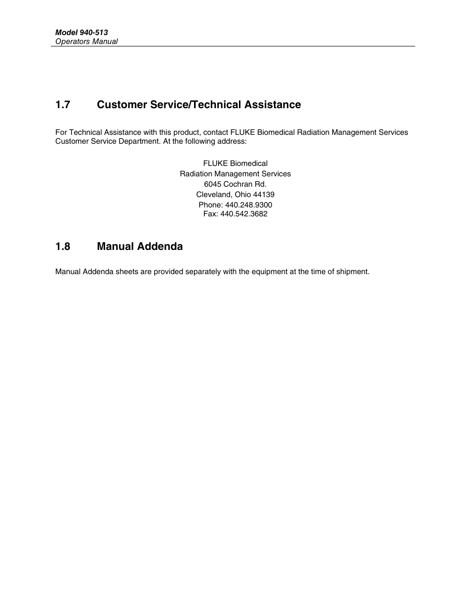 7 customer service/technical assistance, 8 manual addenda | Fluke Biomedical 940-513 User Manual | Page 10 / 26