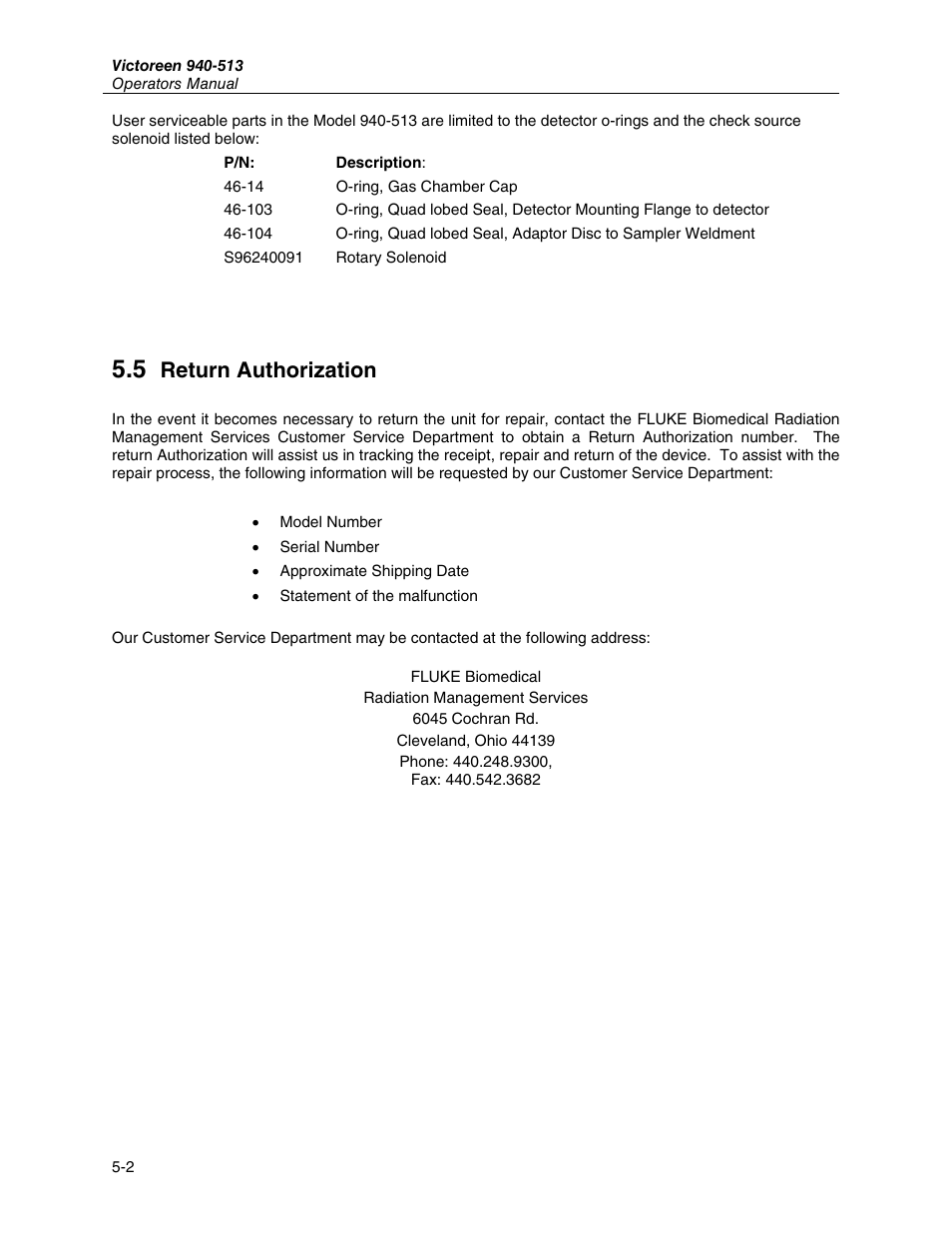 5 return authorization, Return authorization | Fluke Biomedical 940-513 User Manual | Page 20 / 26