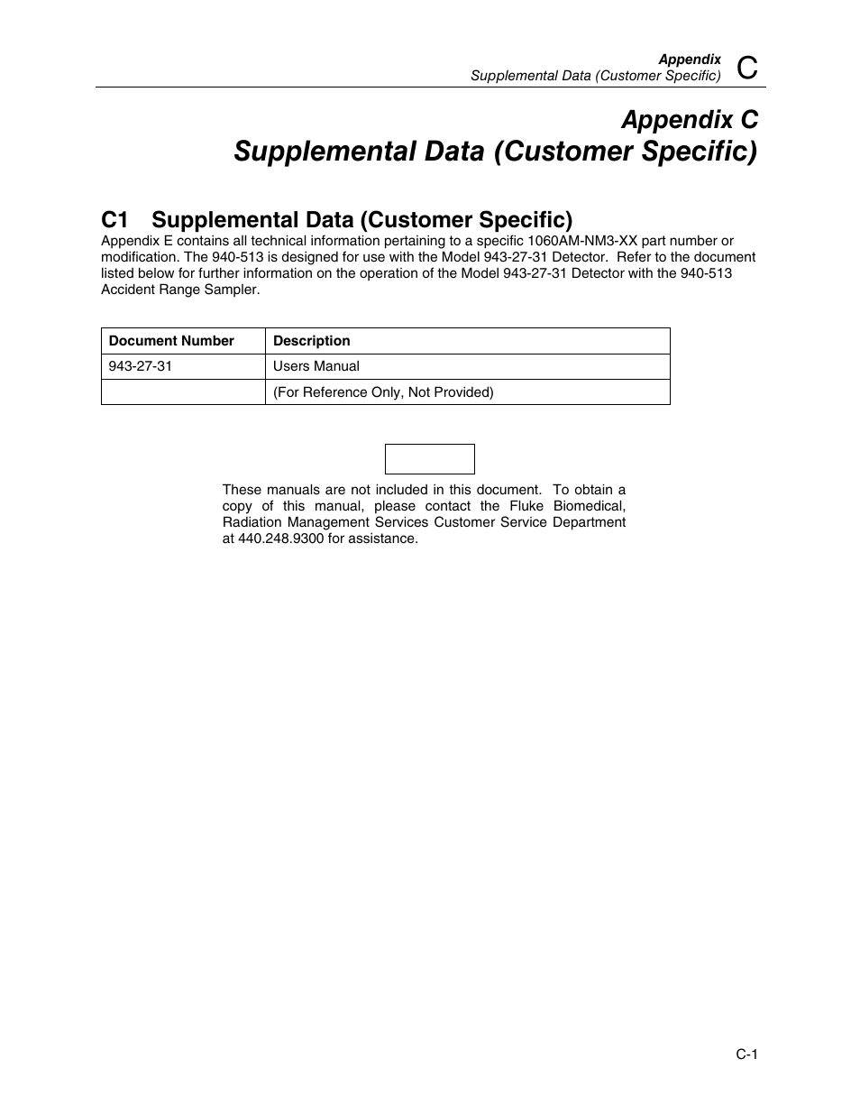 C1 supplemental data (customer specific), Supplemental data (customer specific), Appendix c | Fluke Biomedical 940-513 User Manual | Page 25 / 26