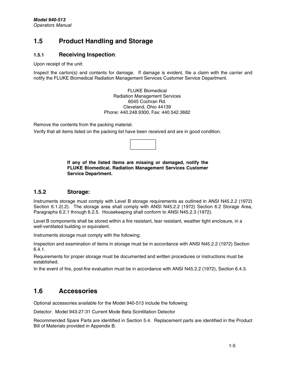 5 product handling and storage, 6 accessories | Fluke Biomedical 940-513 User Manual | Page 9 / 26