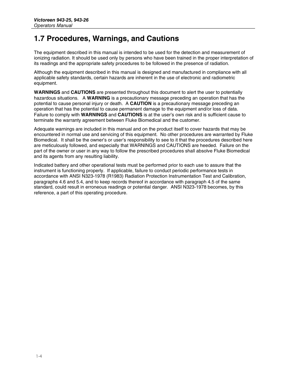7 procedures, warnings, and cautions | Fluke Biomedical 943-25 User Manual | Page 8 / 20