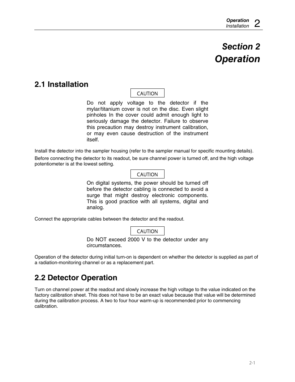 Operation, 1 installation, 2 detector operation | Fluke Biomedical 943-25 User Manual | Page 9 / 20