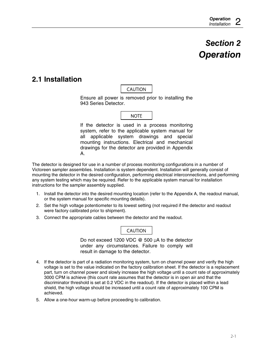 Operation, 1 installation | Fluke Biomedical 943-35 User Manual | Page 11 / 22