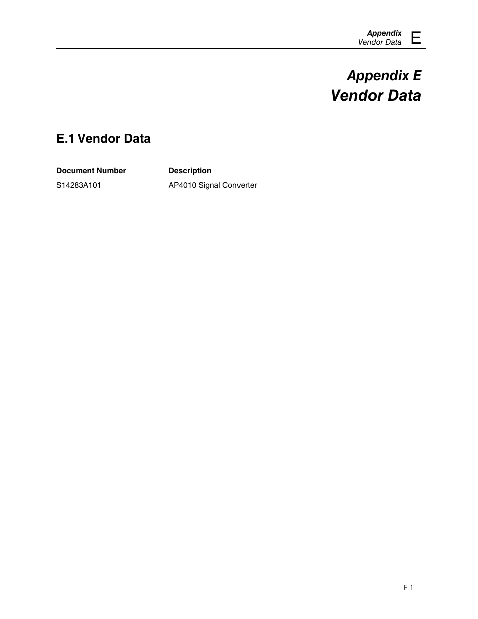 Vendor data, Appendix e, E.1 vendor data | Fluke Biomedical 956A-201-S1 User Manual | Page 23 / 24