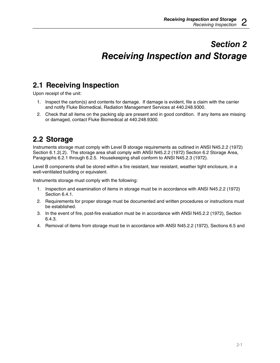 Receiving inspection and storage, 1 receiving inspection, 2 storage | Fluke Biomedical 956A-201-S1 User Manual | Page 7 / 24