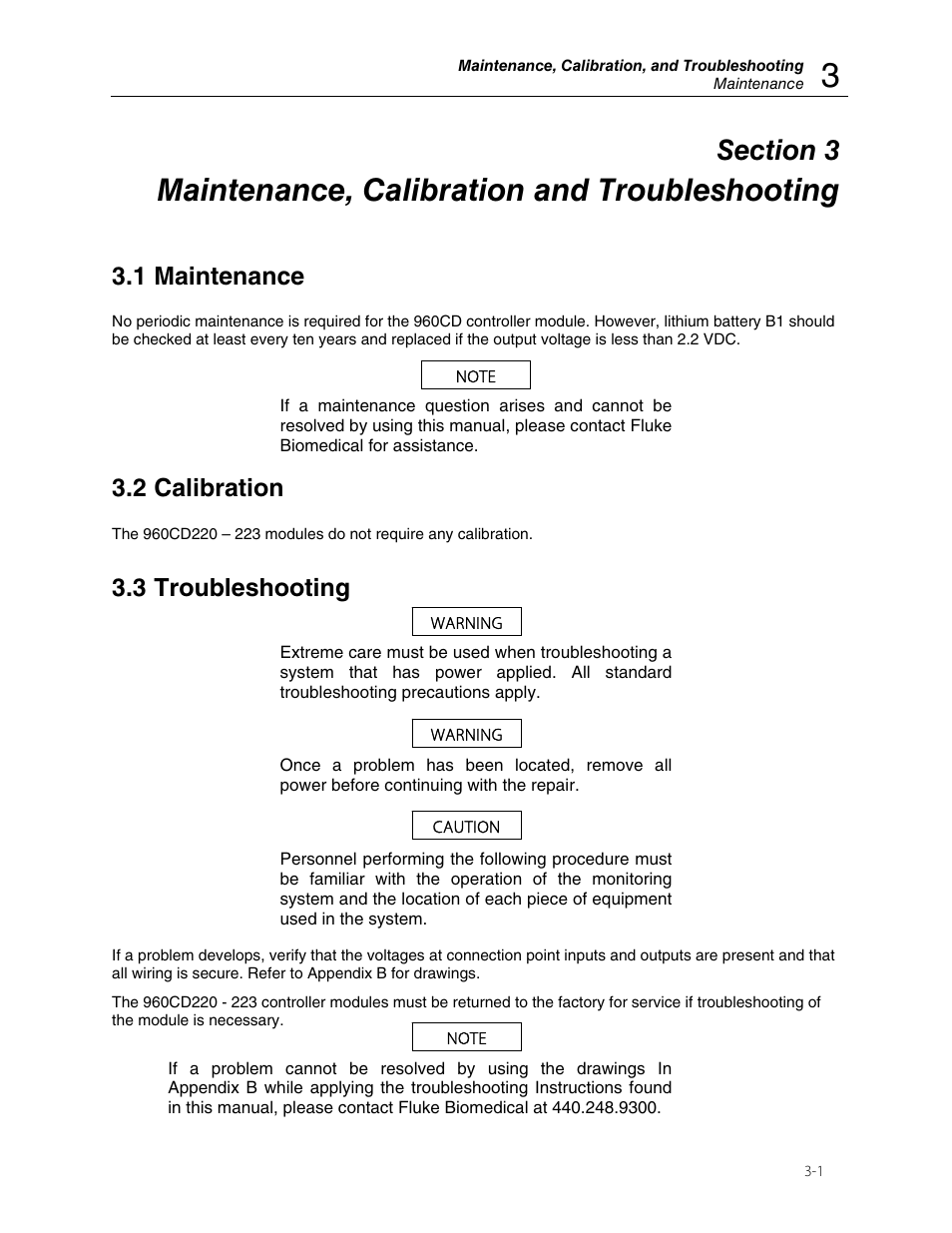 Maintenance, calibration and troubleshooting, 1 maintenance, 2 calibration | 3 troubleshooting | Fluke Biomedical 960CD-220 User Manual | Page 19 / 26