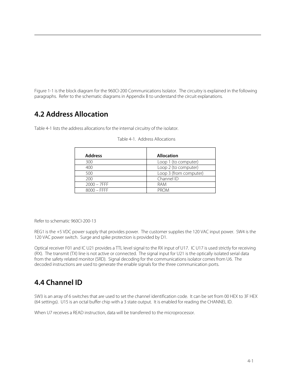 Section 4, Theory of operation, 1 theory of operation | 2 address allocation, 3 isolator, 4 channel id | Fluke Biomedical 960CI-200 User Manual | Page 11 / 25