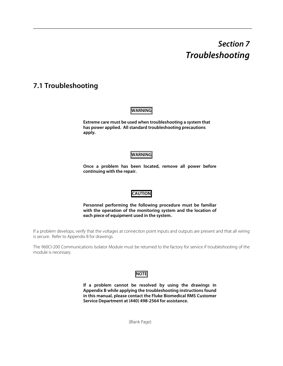 Section 7, Troubleshooting, 1 troubleshooting | Fluke Biomedical 960CI-200 User Manual | Page 21 / 25