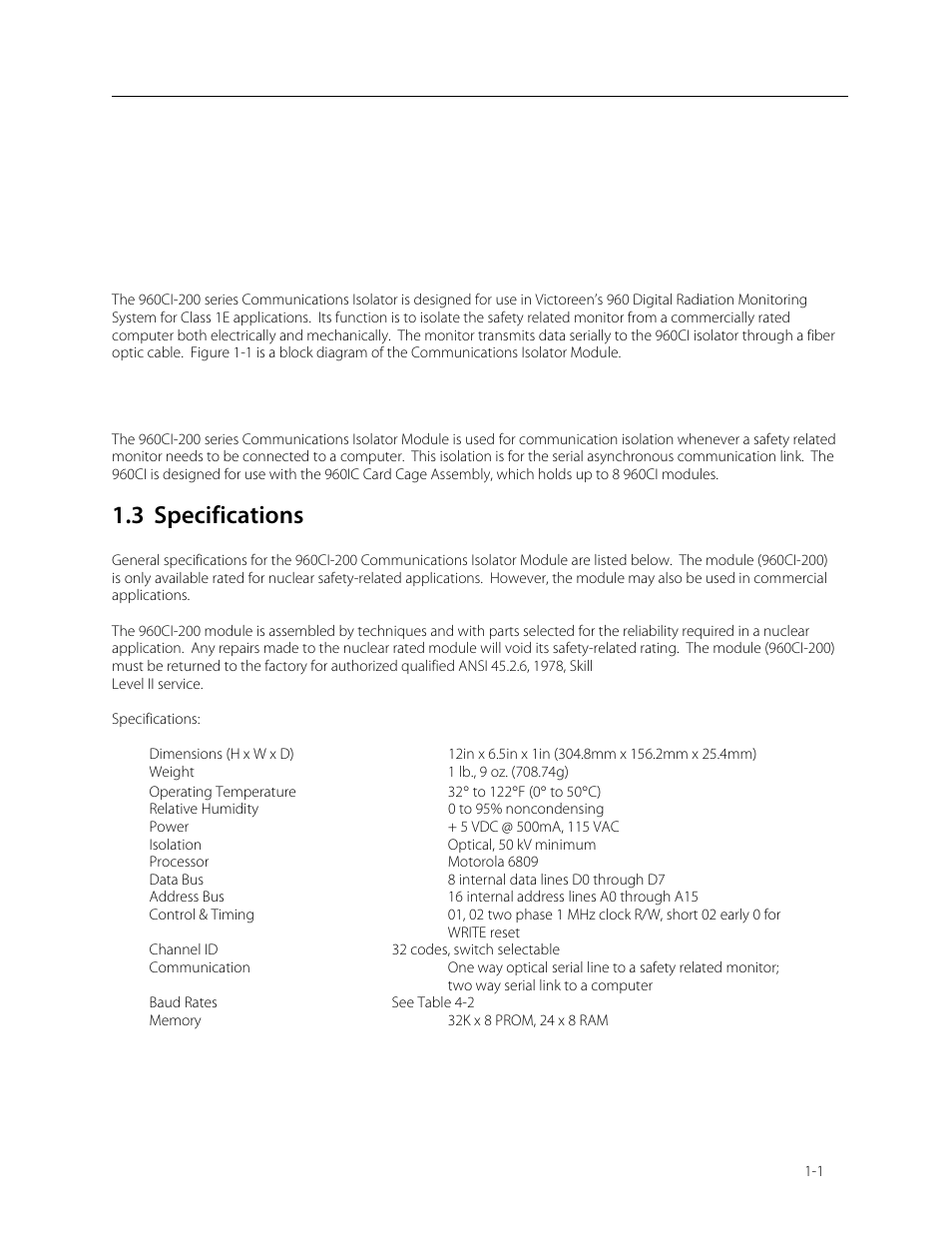 Section 1, Introduction, 1 general description | 2 application, 3 specifications | Fluke Biomedical 960CI-200 User Manual | Page 5 / 25