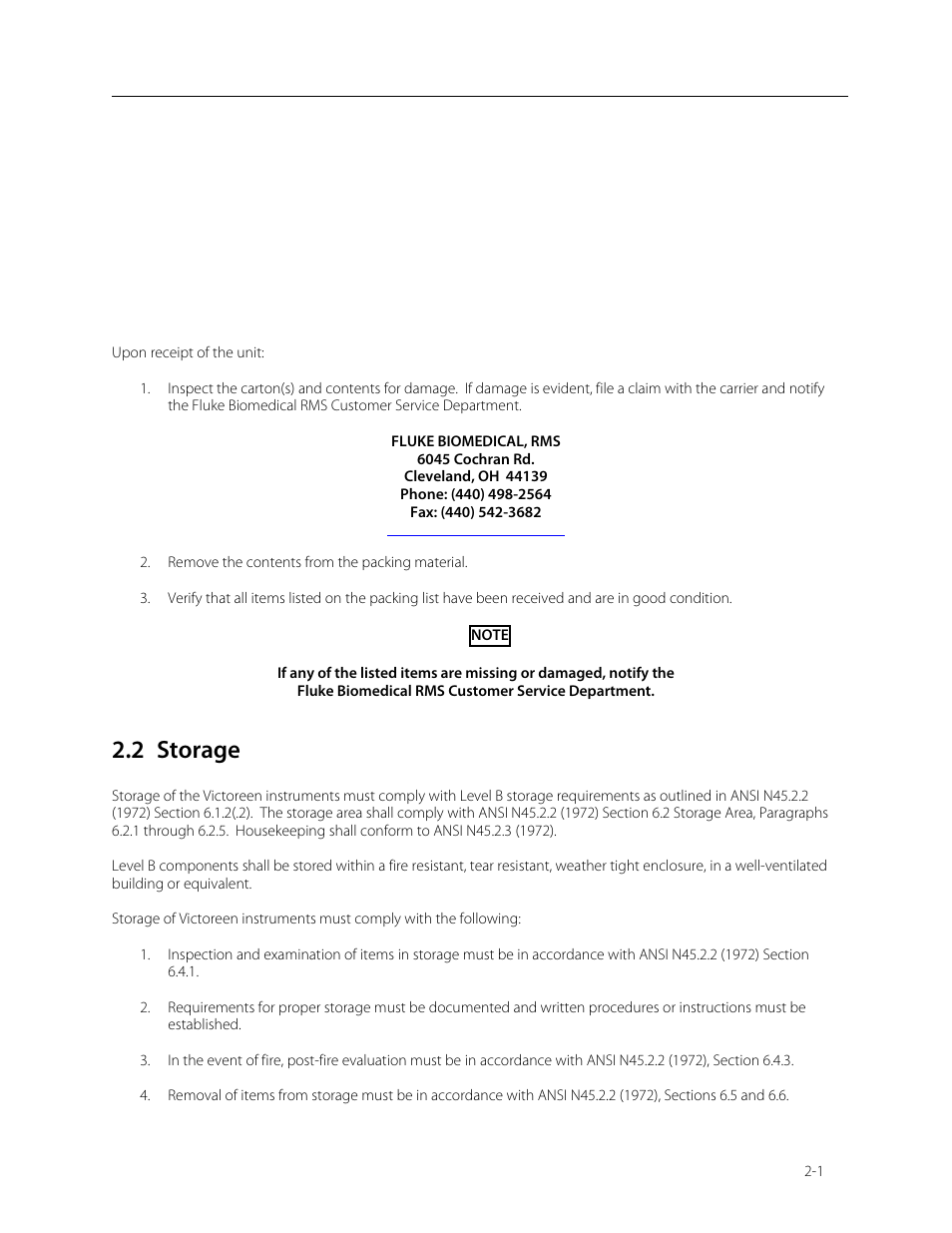 Section 2, 1 receiving inspection, 2 storage | Receiving inspection and storage | Fluke Biomedical 960CI-200 User Manual | Page 7 / 25