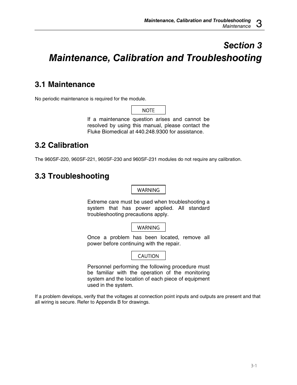 Maintenance, calibration and troubleshooting, 1 maintenance, 2 calibration | 3 troubleshooting | Fluke Biomedical 960SF-220 User Manual | Page 15 / 22