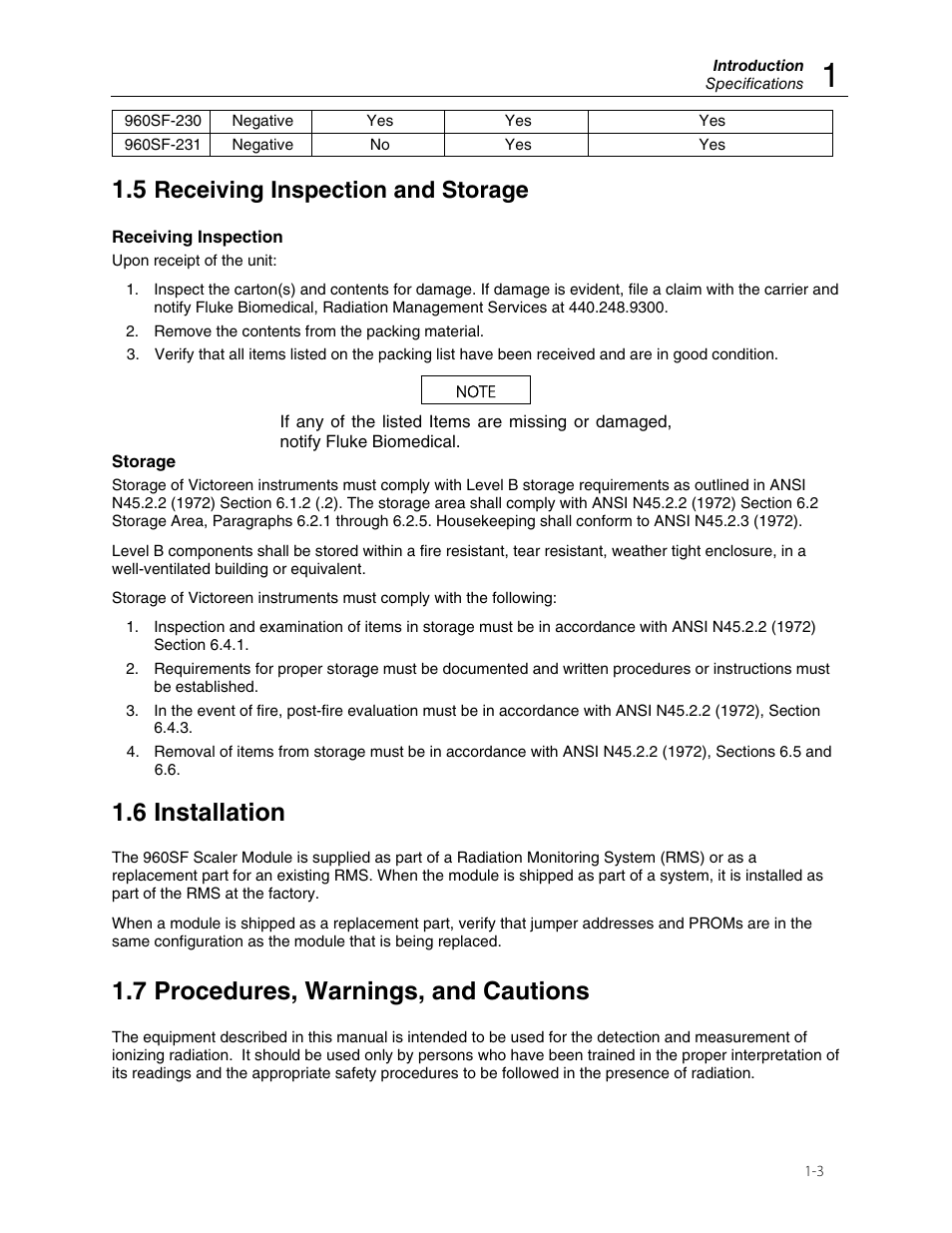 6 installation, 7 procedures, warnings, and cautions, Receiving inspection and storage | Fluke Biomedical 960SF-220 User Manual | Page 7 / 22