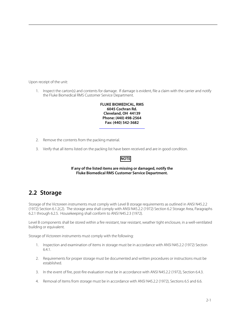 Section 2, 1 receiving inspection, 2 storage | Receiving inspection | Fluke Biomedical 960SG-500 User Manual | Page 7 / 25