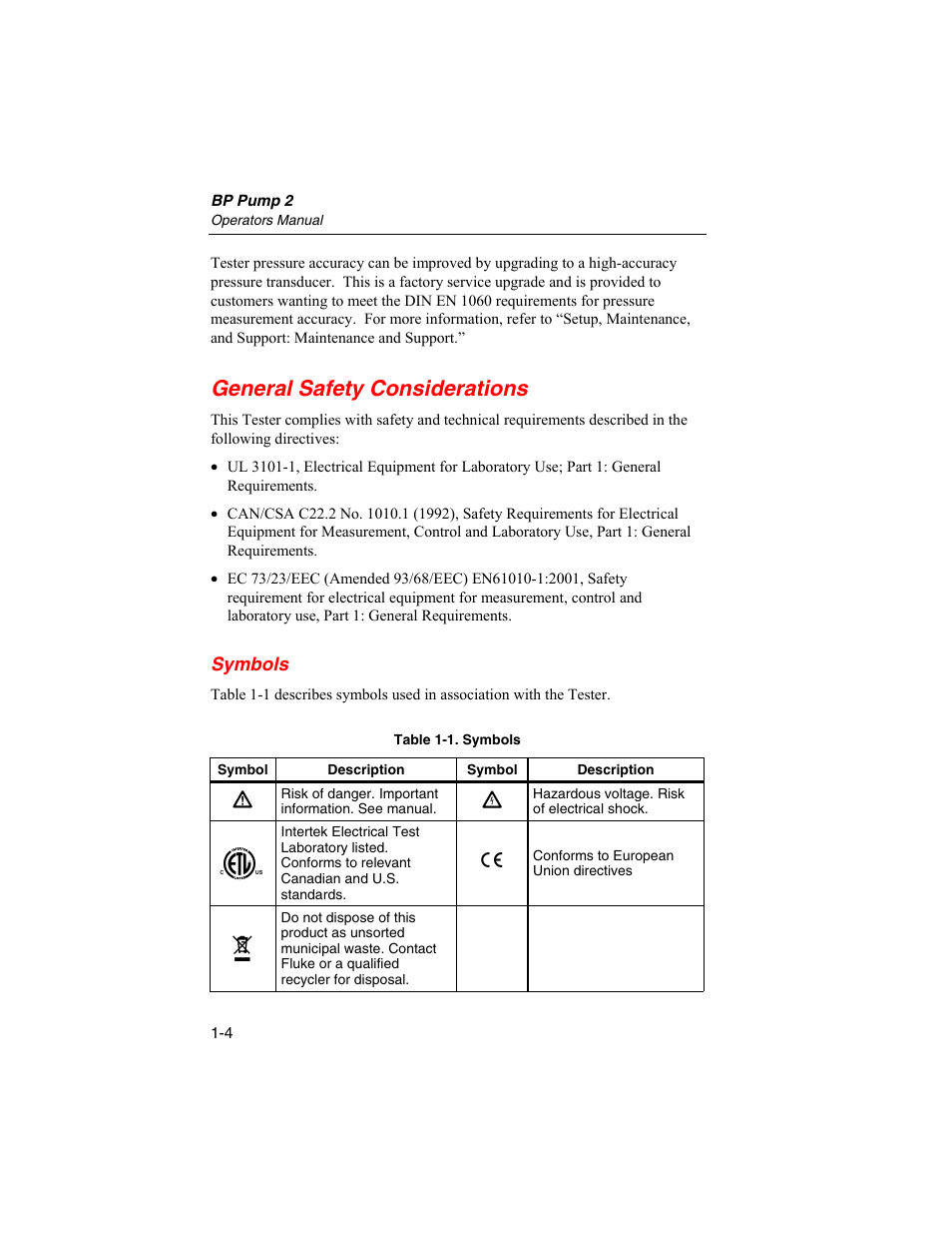 General safety considerations, Symbols | Fluke Biomedical BP Pump 2 User Manual | Page 16 / 82