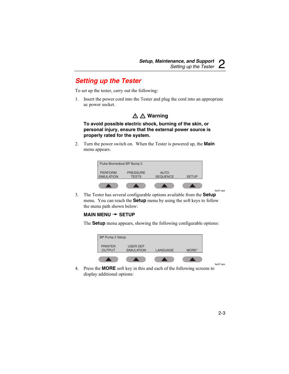 Setting up the tester, Wx warning | Fluke Biomedical BP Pump 2 User Manual | Page 27 / 82