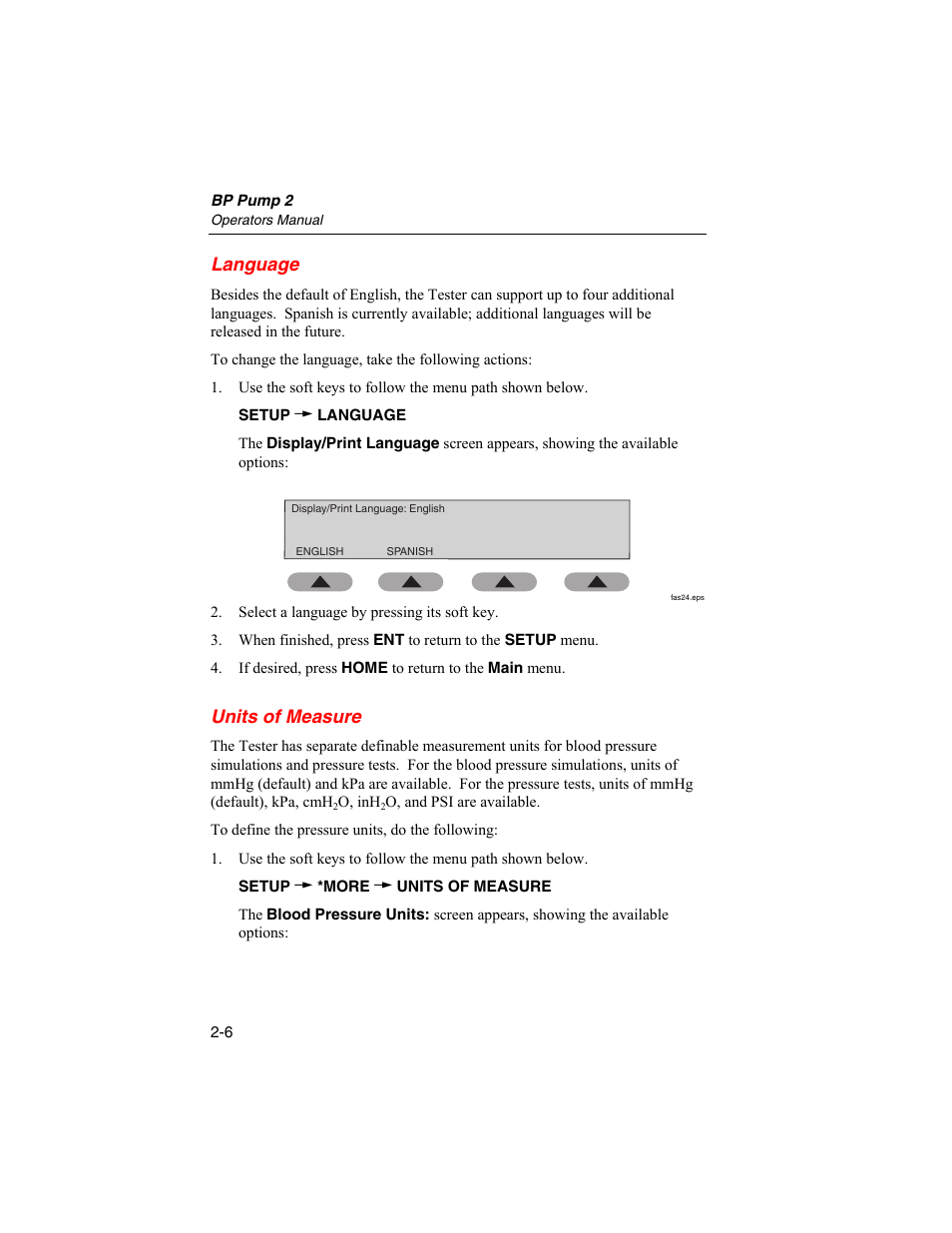 Language, Units of measure | Fluke Biomedical BP Pump 2 User Manual | Page 30 / 82