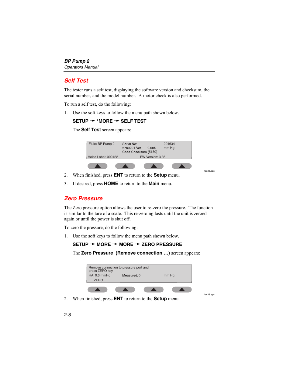 Self test, Zero pressure | Fluke Biomedical BP Pump 2 User Manual | Page 32 / 82