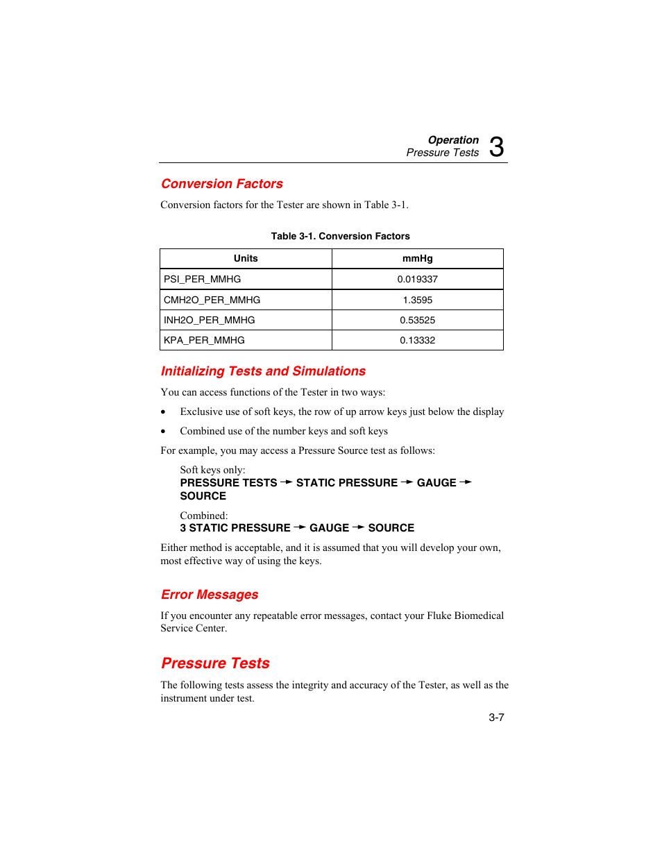 Conversion factors, Initializing tests and simulations, Error messages | Pressure tests | Fluke Biomedical BP Pump 2 User Manual | Page 43 / 82