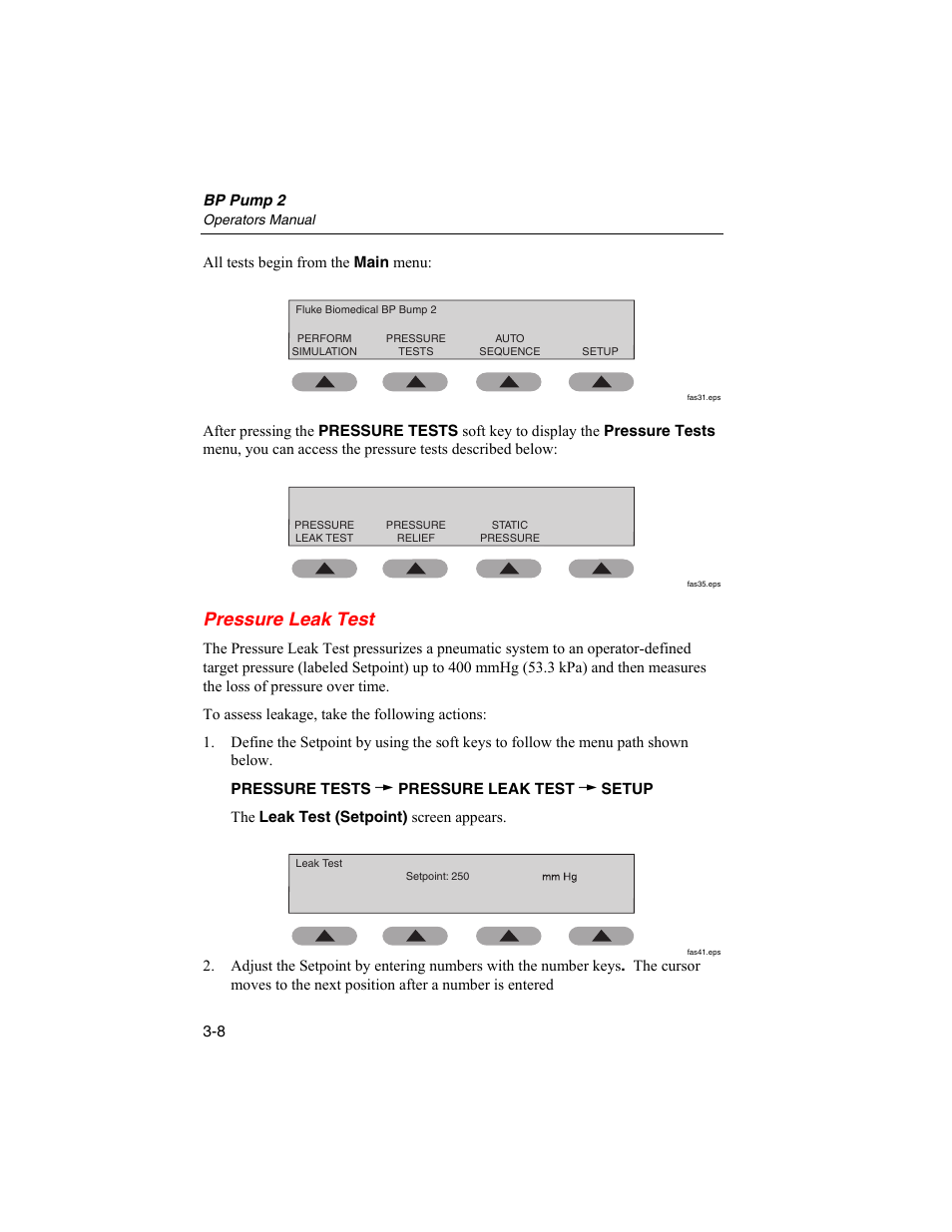 Pressure leak test | Fluke Biomedical BP Pump 2 User Manual | Page 44 / 82