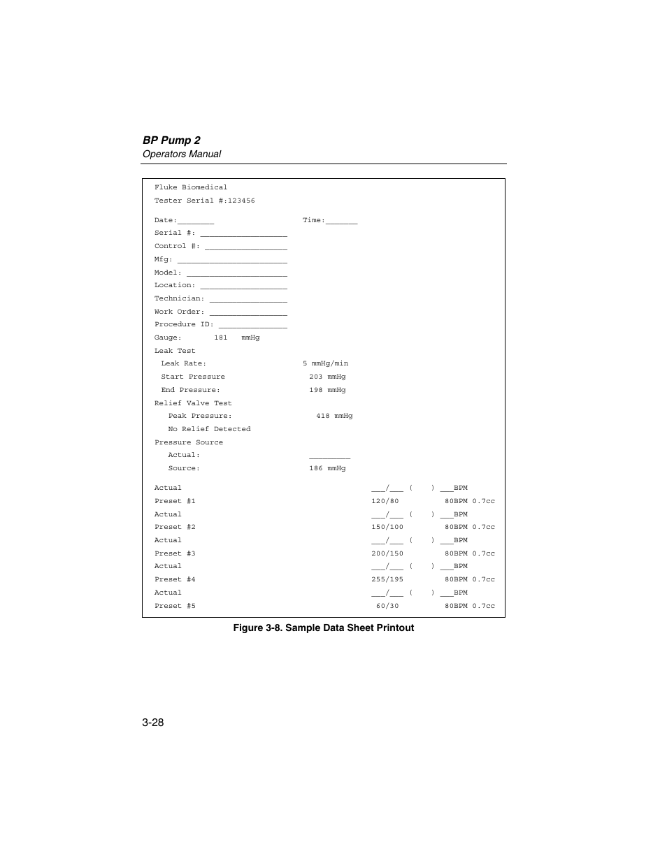 Bp pump 2, Operators manual, Figure 3-8. sample data sheet printout | Fluke Biomedical BP Pump 2 User Manual | Page 64 / 82