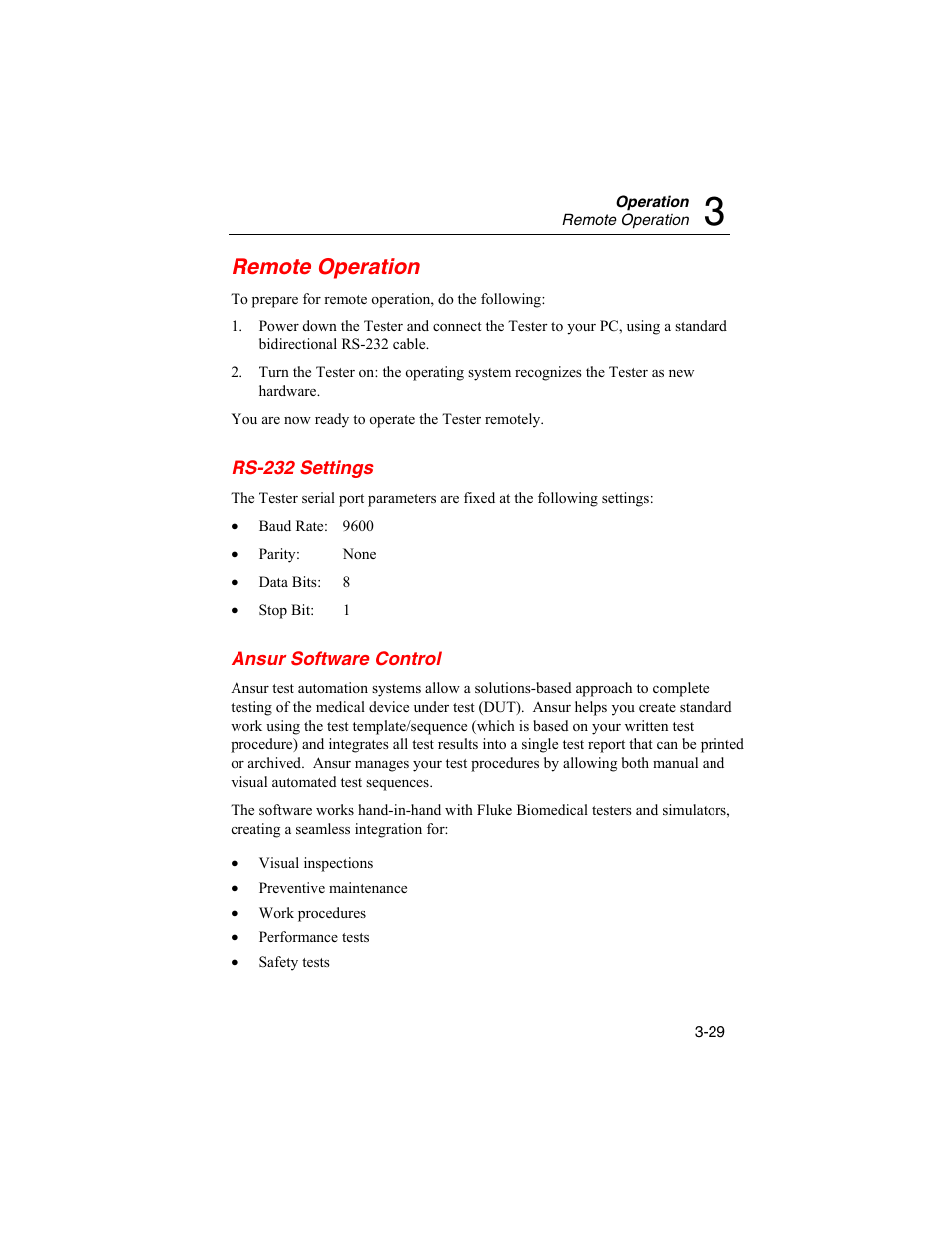 Remote operation, Rs-232 settings, Ansur software control | Fluke Biomedical BP Pump 2 User Manual | Page 65 / 82