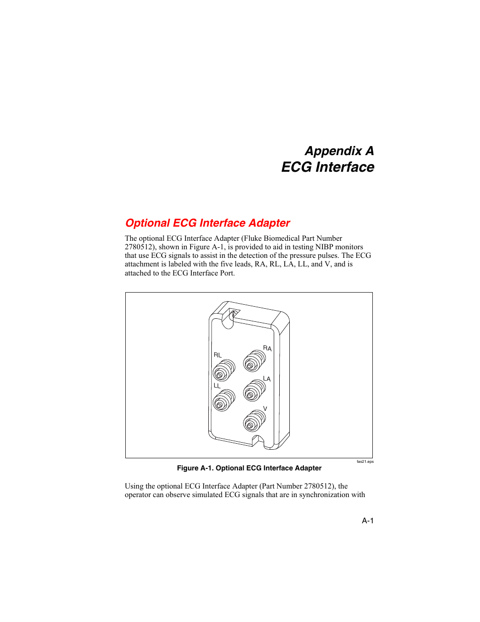 A. ecg interface, Optional ecg interface adapter, Ecg interface | Appendix a | Fluke Biomedical BP Pump 2 User Manual | Page 69 / 82