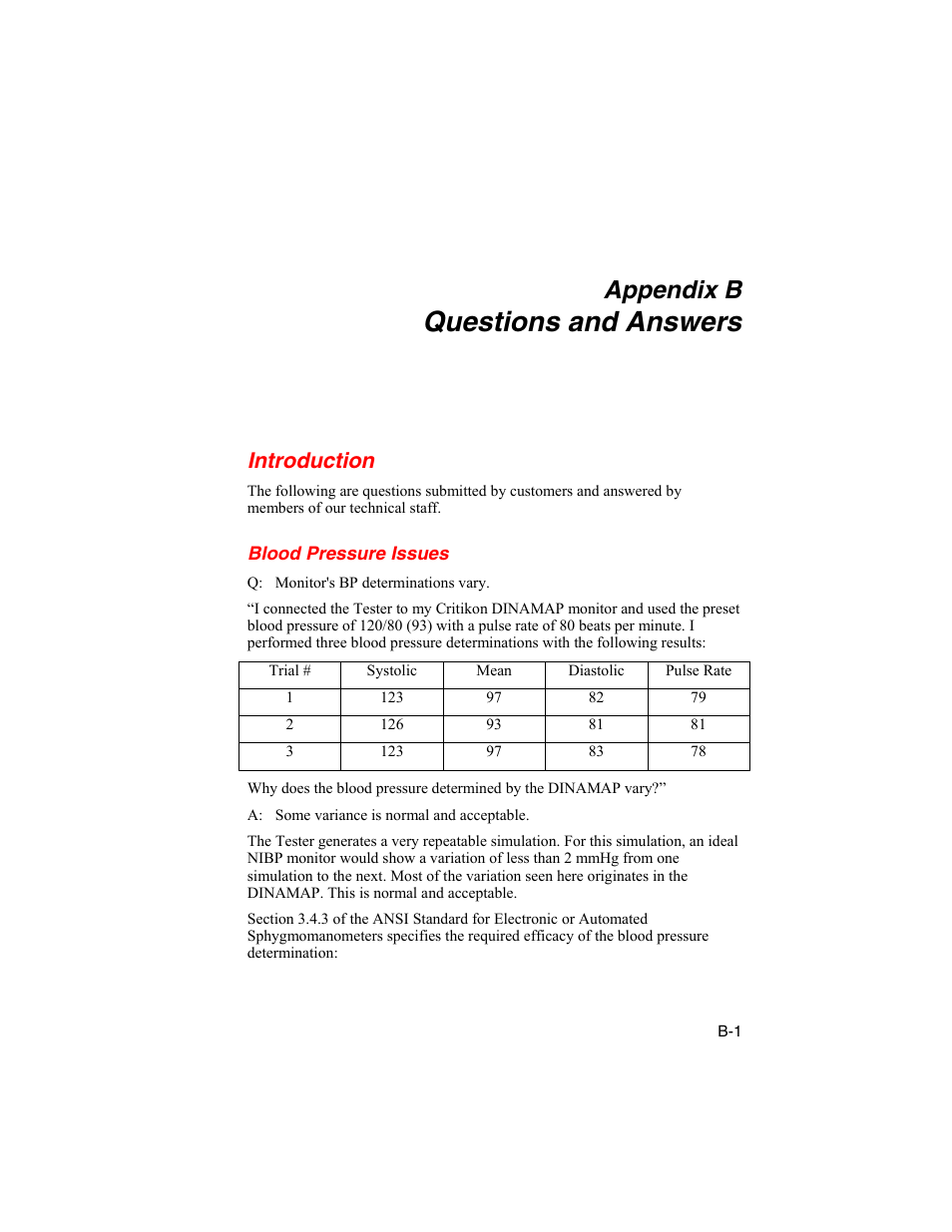 B. questions and answers, Introduction, Blood pressure issues | Questions and answers, Appendix b | Fluke Biomedical BP Pump 2 User Manual | Page 71 / 82