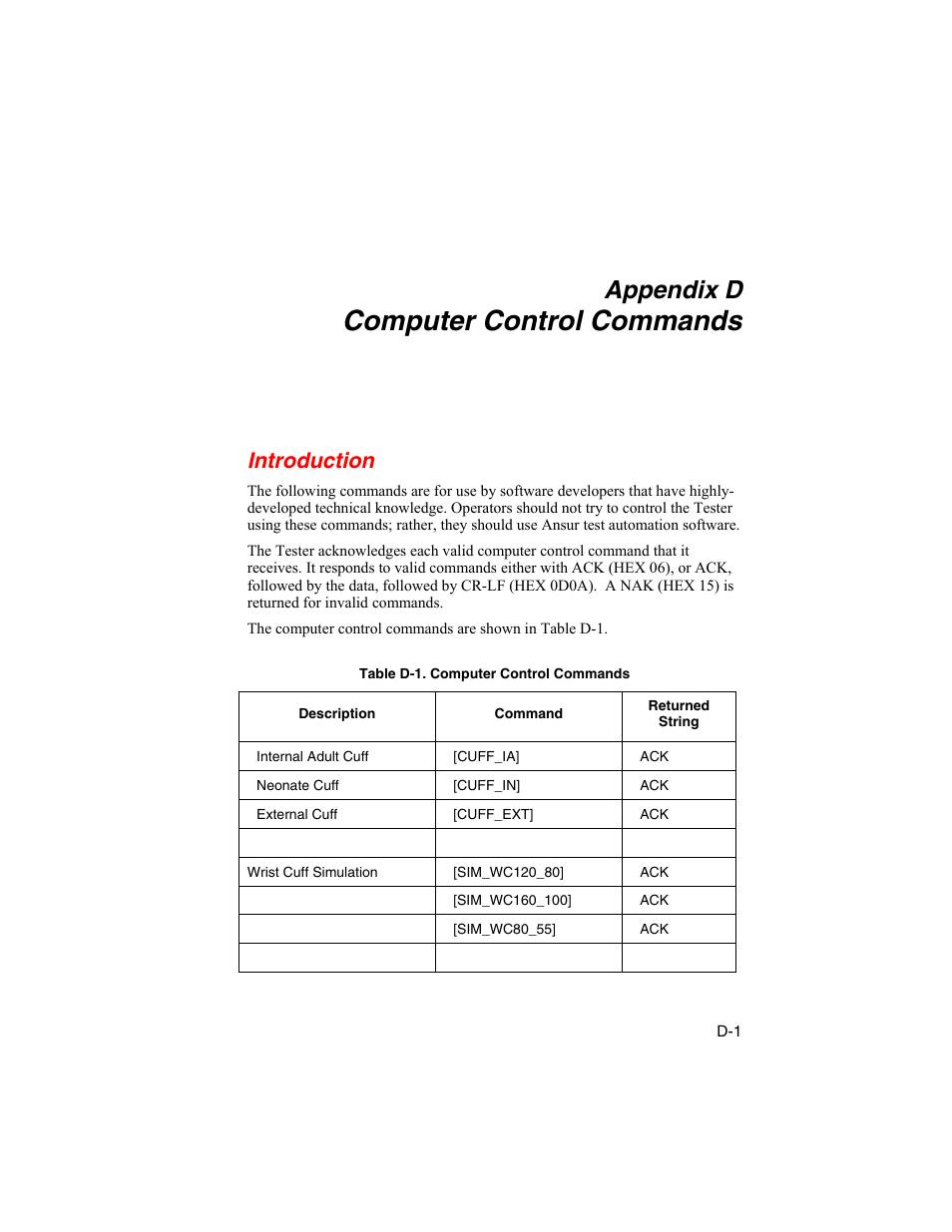 D. computer control commands, Introduction, Computer control commands | Appendix d | Fluke Biomedical BP Pump 2 User Manual | Page 77 / 82