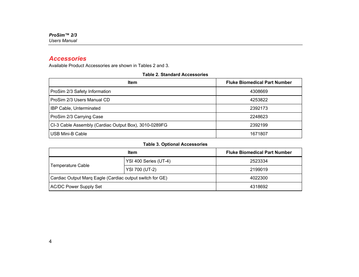 Accessories | Fluke Biomedical ProSim 2 User Manual | Page 16 / 60