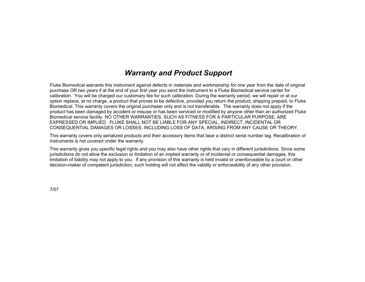 Warranty, Warranty and product support | Fluke Biomedical ProSim 2 User Manual | Page 2 / 60