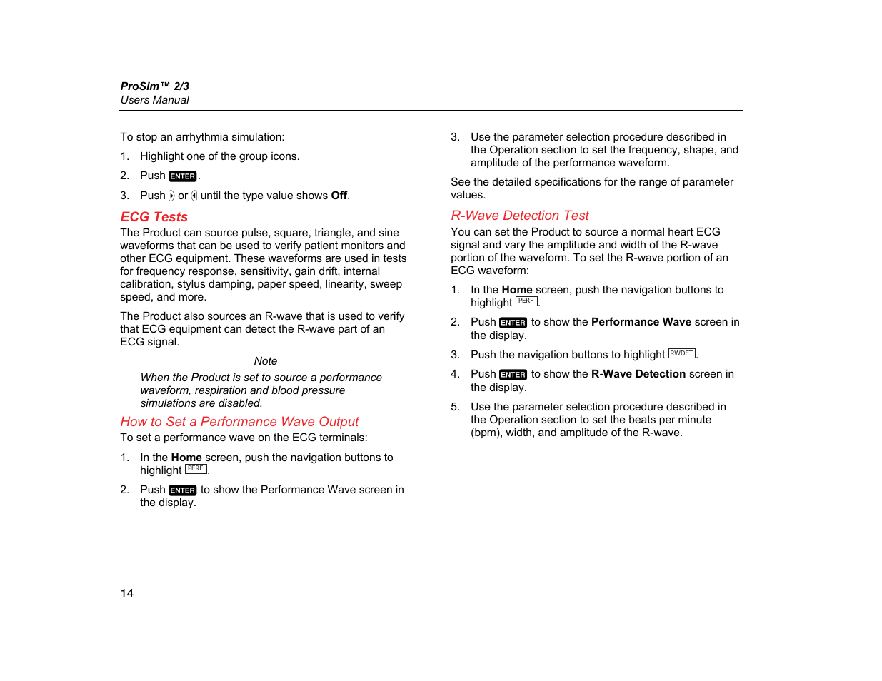 Ecg tests, How to set a performance wave output, R-wave detection test | Fluke Biomedical ProSim 2 User Manual | Page 26 / 60