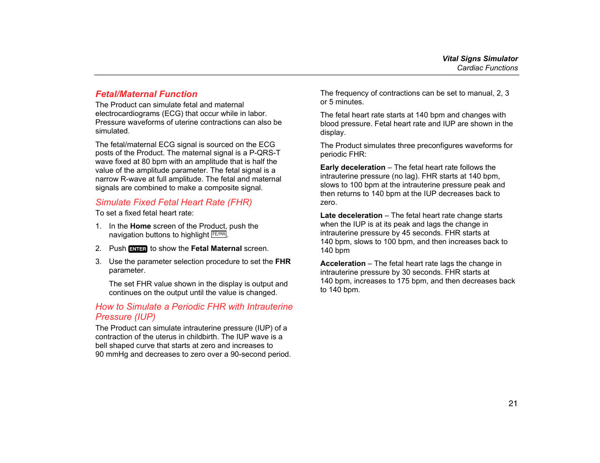 Fetal/maternal function, Simulate fixed fetal heart rate (fhr) | Fluke Biomedical ProSim 2 User Manual | Page 33 / 60