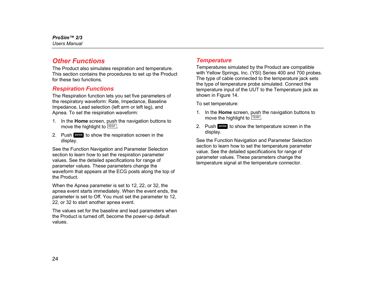 Other functions, Respiration functions, Temperature | Fluke Biomedical ProSim 2 User Manual | Page 36 / 60