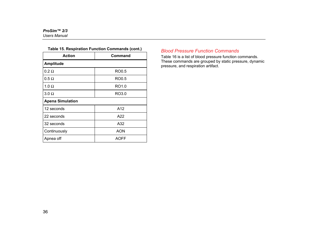 Blood pressure function commands | Fluke Biomedical ProSim 2 User Manual | Page 48 / 60